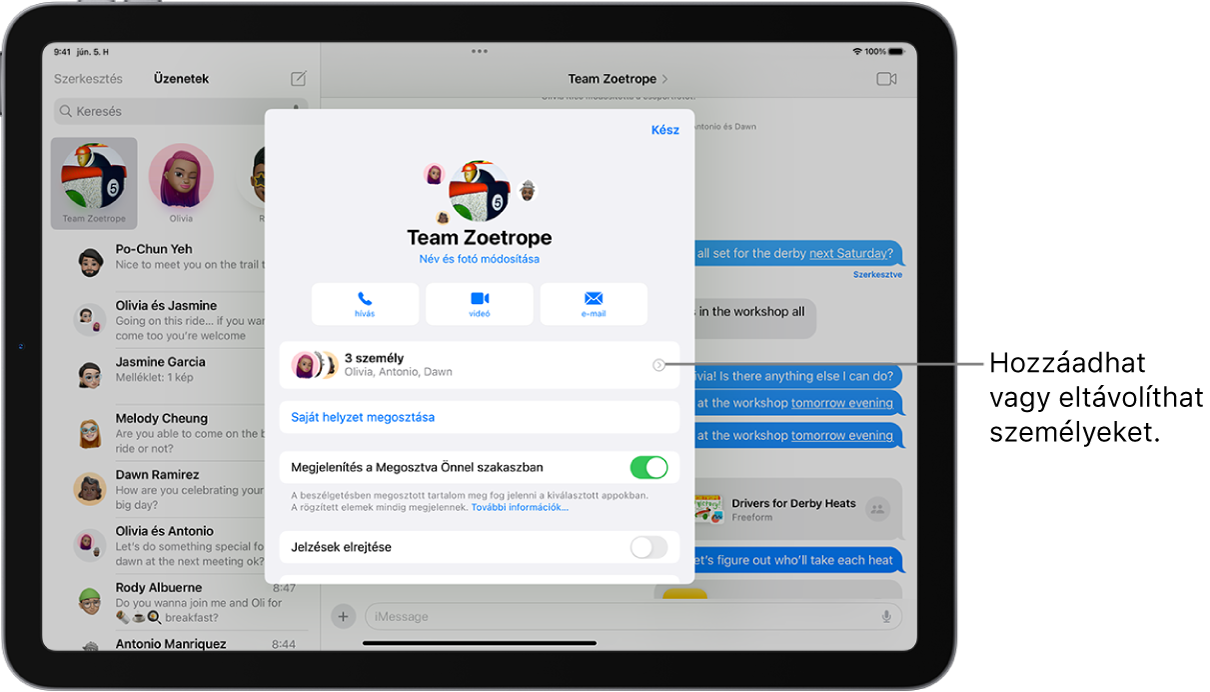 Az iPad egy csoportos beszélgetés részleteivel.