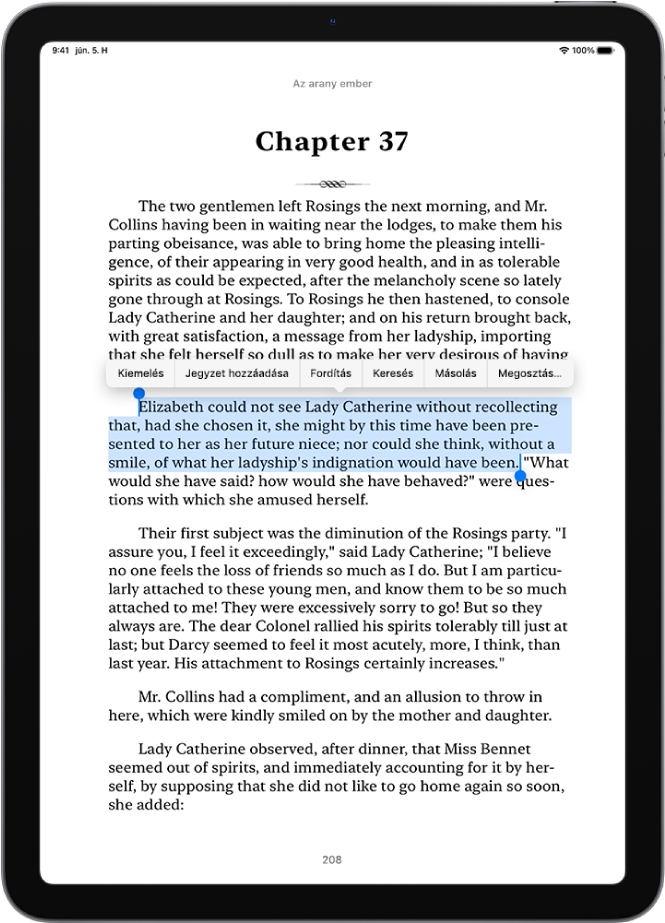 Egy könyv oldala a Könyvek appban, amelyen a szöveg egy része ki van jelölve. A kijelölt szöveg felett a Kiemelés, a Jegyzet hozzáadása, a Fordítás, a Keresés, a Másolás és a Megosztás gomb látható.