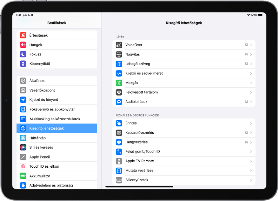 Az iPad Beállítások képernyője. A képernyő bal oldalán a Beállítások oldalsáv és a kijelölt Kisegítő lehetőségek elem. A képernyő jobb oldalán a Kisegítő lehetőségek testreszabására szolgáló opciók láthatók.