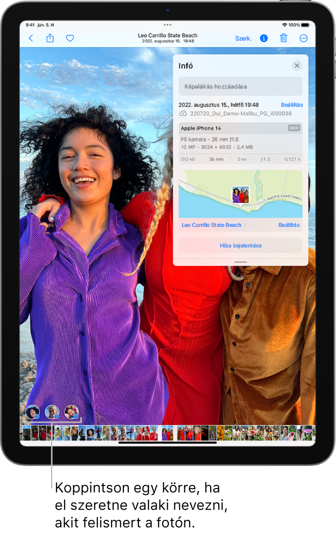 Az iPad képernyőjén egy fotó van megnyitva a Fotók appban. A fotó bal alsó sarkában kérdőjelek láthatók a fotón szereplő személyek mellett.