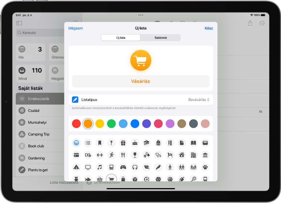 Az új lista létrehozására szolgáló képernyő az Emlékeztetők appban. A név, a listatípus, a szín és az ikon testreszabható.