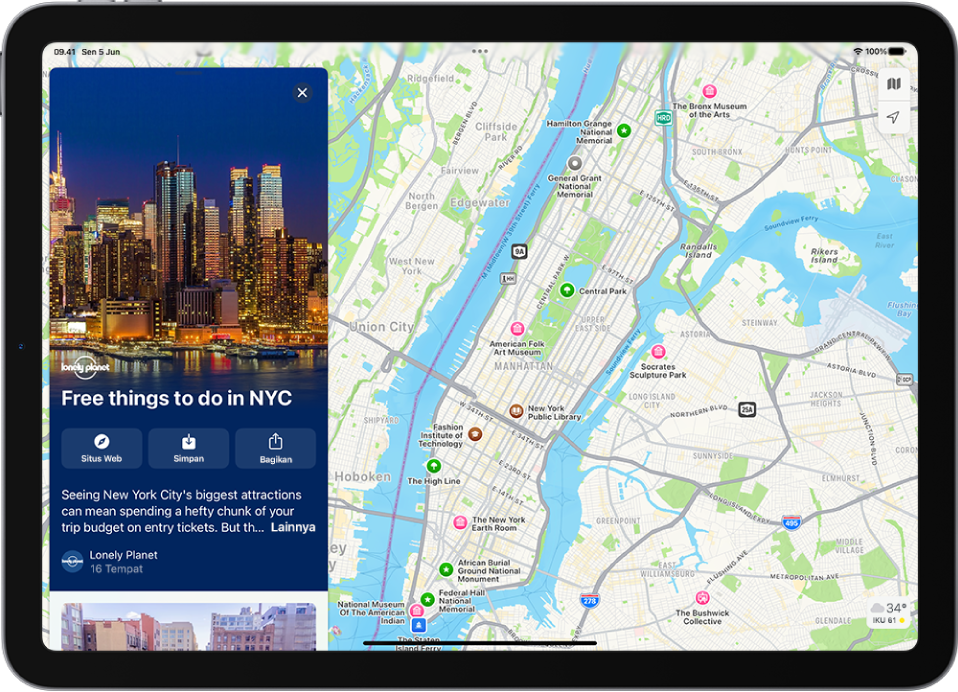 iPad dengan panduan yang mencakup hal untuk dilakukan di kota. Tempat menarik yang dicakup oleh panduan ini ditandai di peta.