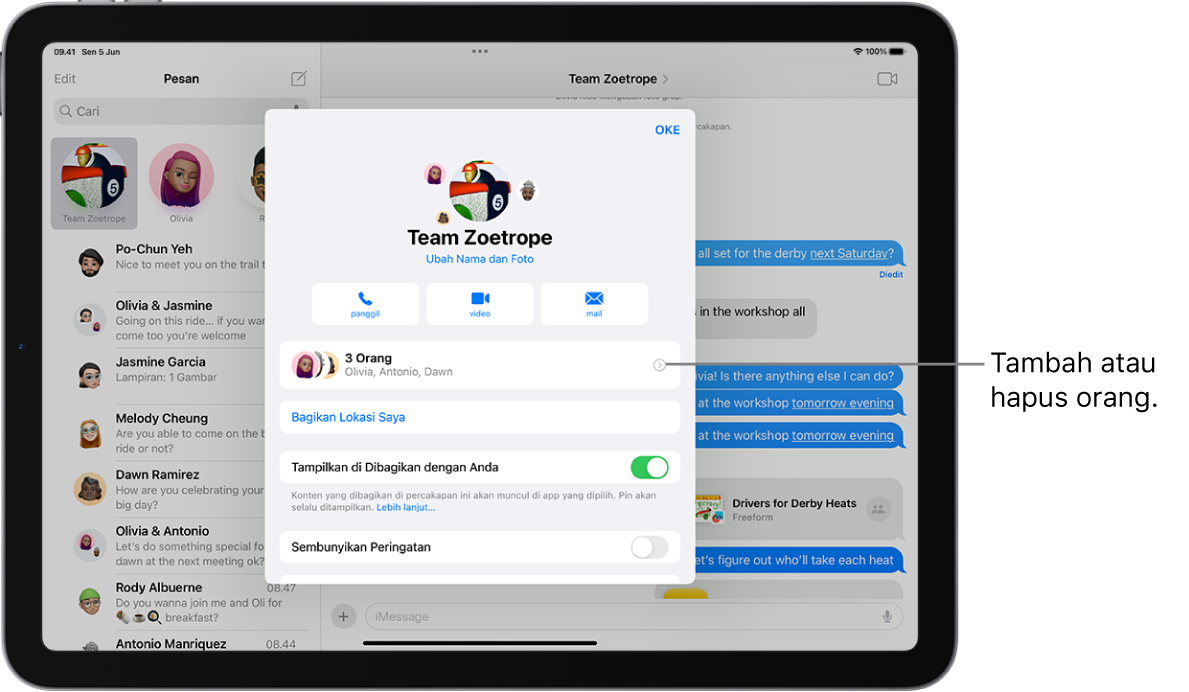 iPad dengan detail percakapan untuk grup.