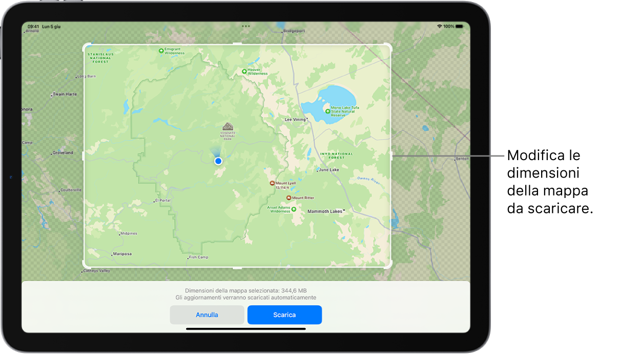 La mappa di un parco nazionale su iPad. Il parco è incorniciata all’interno di un rettangolo con delle maniglie, che possono essere spostate per modificare le dimensioni della mappa da scaricare. Le dimensioni del download della mappa selezionata sono indicate nella parte inferiore della mappa. Nella parte inferiore dello schermo sono presenti i pulsanti Annulla e Download.