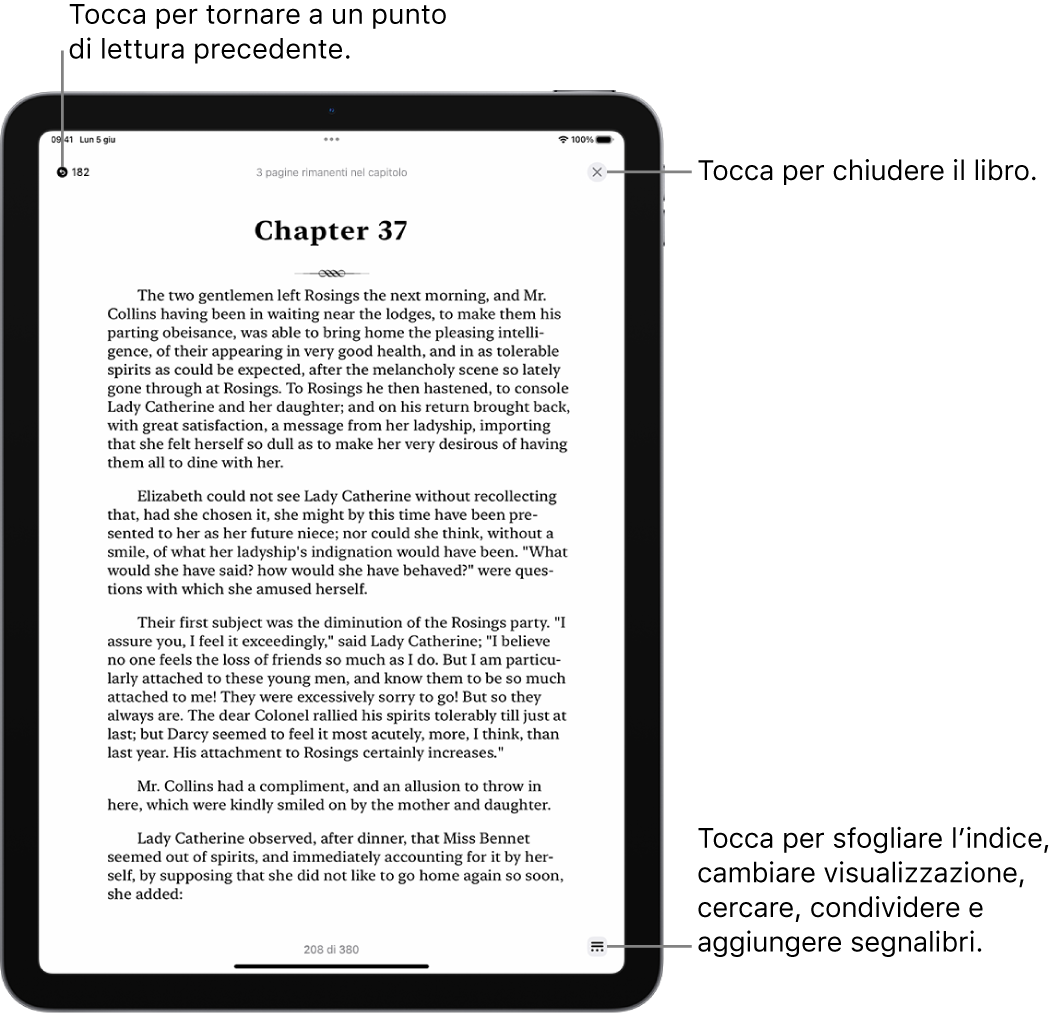 La pagina di un libro nell’app Libri. Nella parte superiore dello schermo sono presenti i pulsanti per tornare alla pagina da cui hai iniziato a leggere e per chiudere il libro. Nella parte inferiore destra dello schermo è presente il pulsante Menu.