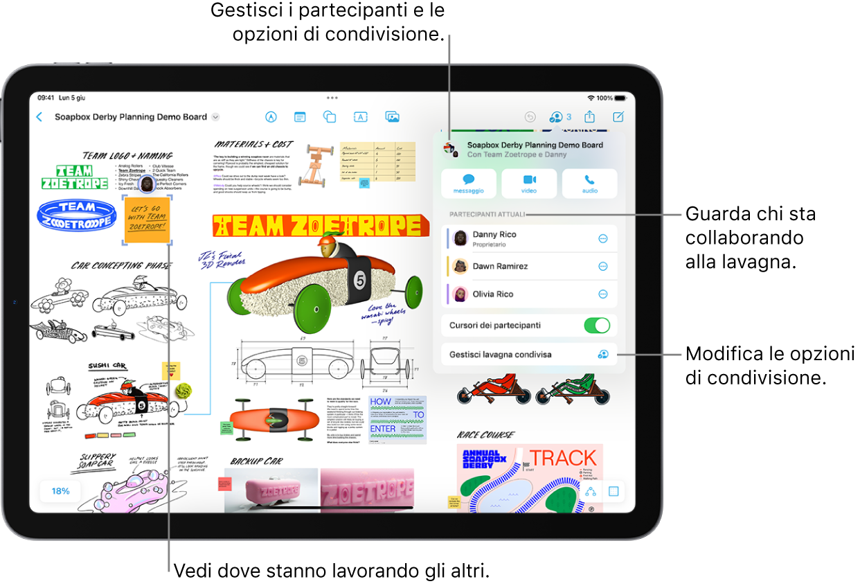 Una lavagna Freeform condivisa su iPad con il menu Collaborazione visibile e la posizione di un altro partecipante sulla lavagna, evidenziata con un contrassegno viola.