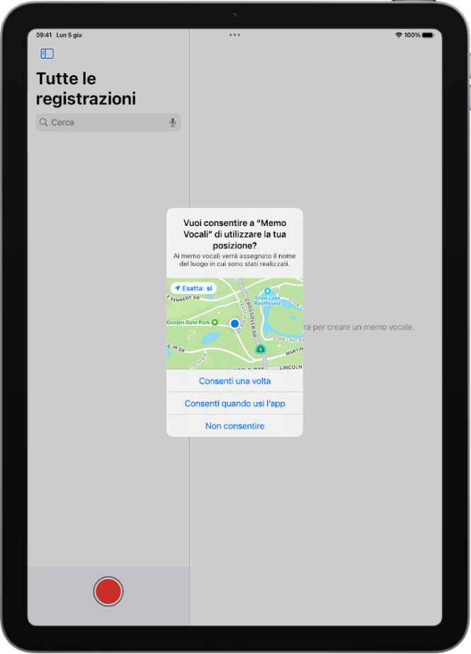 La richiesta proveniente da un’app di utilizzare i dati della posizione su iPad. Sono mostrate le opzioni “Consenti una volta”, “Consenti quando utilizzi l’app” e “Non consentire”.