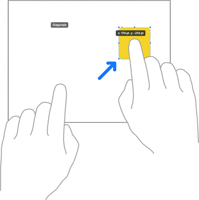 Due dita di una mano che spostano un elemento lungo una linea retta in Freeform.
