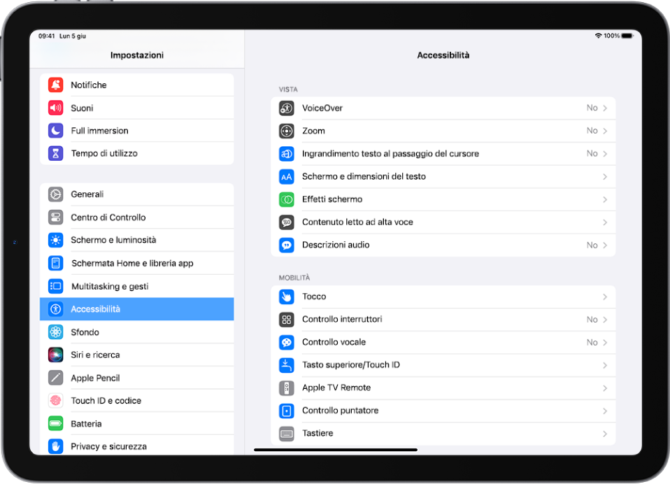 La schermata Impostazioni di iPad Sul lato sinistro dello schermo è presente la barra laterale di Impostazioni; Accessibilità è selezionato. Sul lato destro dello schermo sono presenti le opzioni per personalizzare le funzioni di accessibilità.