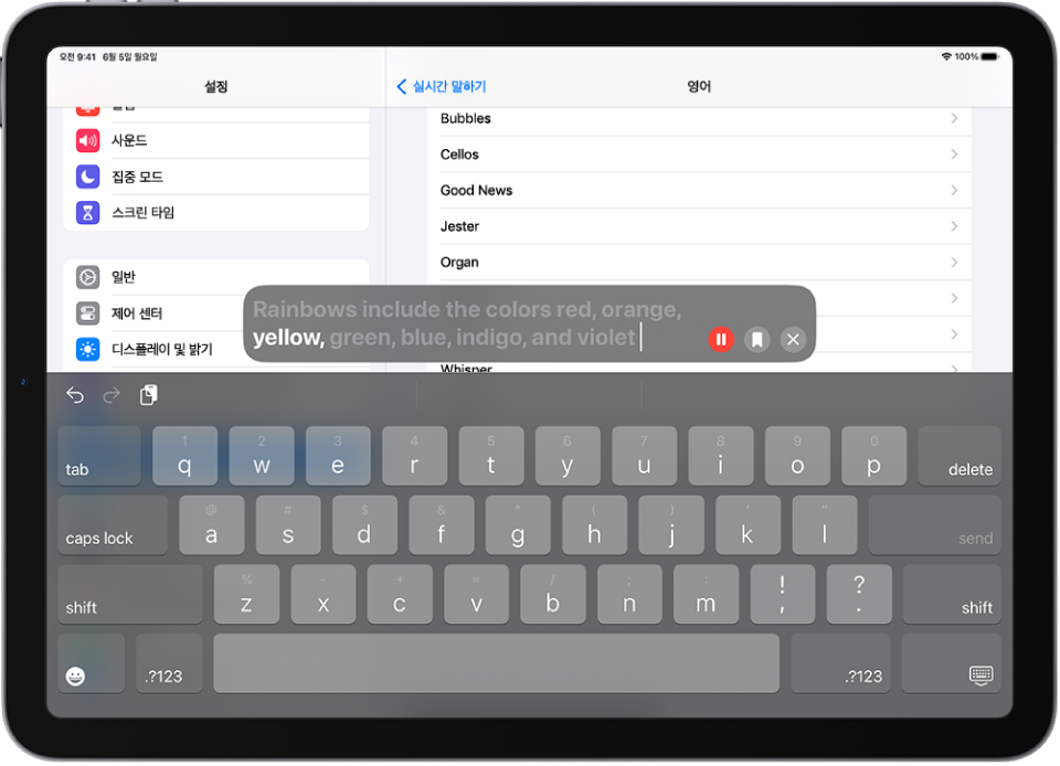 입력한 텍스트를 소리 내어 읽어주는 iPad의 실시간 말하기 기능.