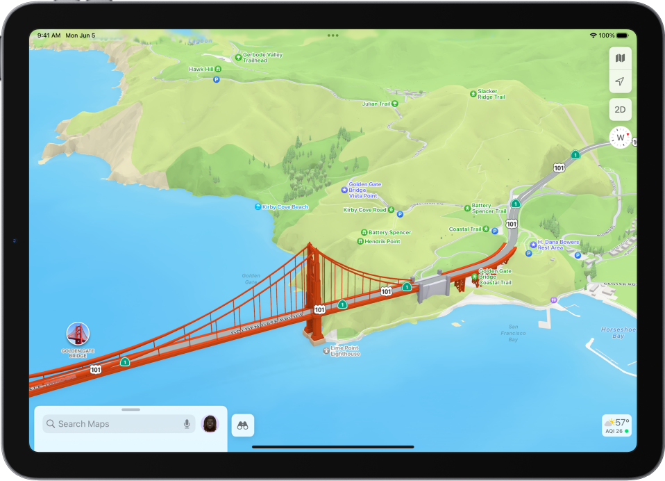 3D parko žemėlapis, kuriame pavaizduotas tiltas ir parkas.