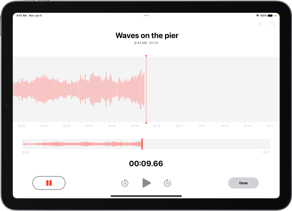 „Voice Memo“ įrašas, kuriame rodoma įrašomo garso bangos forma, laiko indikatorius ir mygtukas įrašymui pristabdyti.