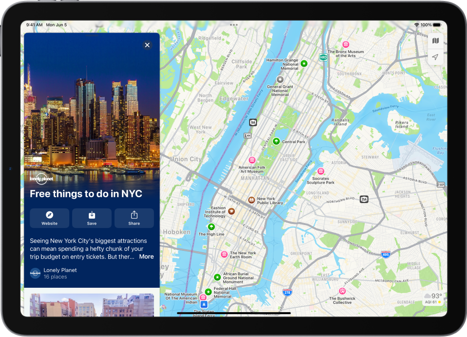 „iPad“ vadovas, kuriame aprašyta, ką galima nuveikti mieste. Žemėlapyje pažymėtos lankytinos vietos, kurias apima vadovas.