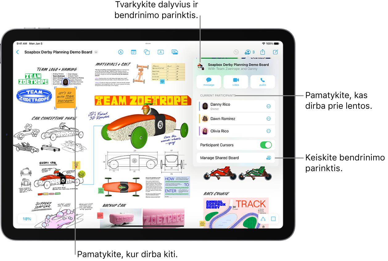 Bendrinama „Freeform“ lenta „iPad“ įrenginyje su atidarytu bendradarbiavimo meniu ir kito dalyvio vieta lentoje, pažymėta violetinėmis varnelėmis.