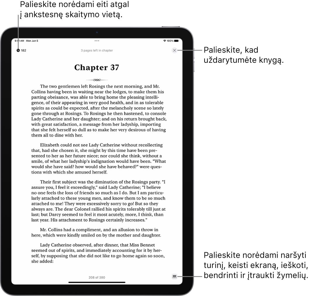 Programos „Books“ puslapis. Ekrano viršuje yra mygtukai, skirti grįžti į puslapį, nuo kurio pradėjote skaityti, ir užversti knygą. Ekrano apačioje dešinėje rodomas mygtukas „Meniu“.