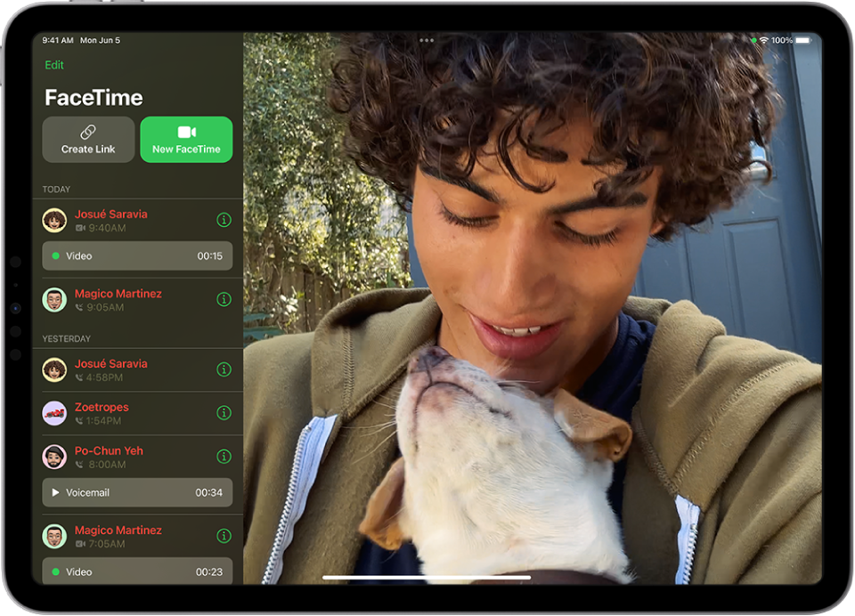 „FaceTime“ skambučio inicijavimo ekranas, kuriame rodomas mygtukas „New FaceTime“, skirtas „FaceTime“ skambučiui pradėti.