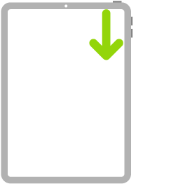 „iPad“ iliustracija, kurioje rodyklė rodo, kad reikia perbraukti žemyn nuo viršutinio dešiniojo kampo.