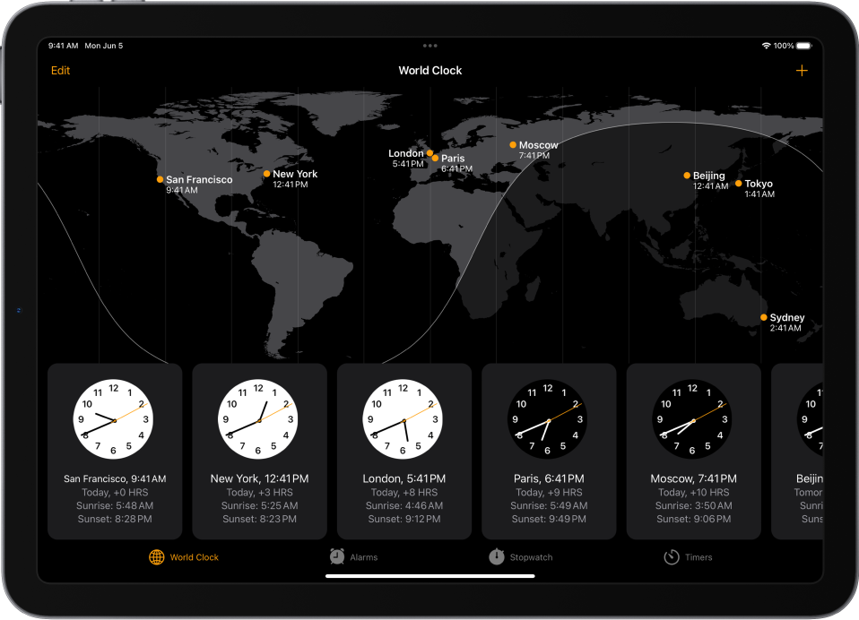„World Clock“ skirtukas, rodantis laiką įvairiuose miestuose. Mygtukas Redaguoti prie viršutinio kairiojo kampo leidžia ištrinti miestus. Mygtukas Pridėti prie viršutinio dešiniojo kampo leidžia pridėti daugiau miestų. Mygtukai „World Clock“, „Alarm“, „Stopwatch“ ir „Timers“ mygtukai rodomi ekrano apačioje.