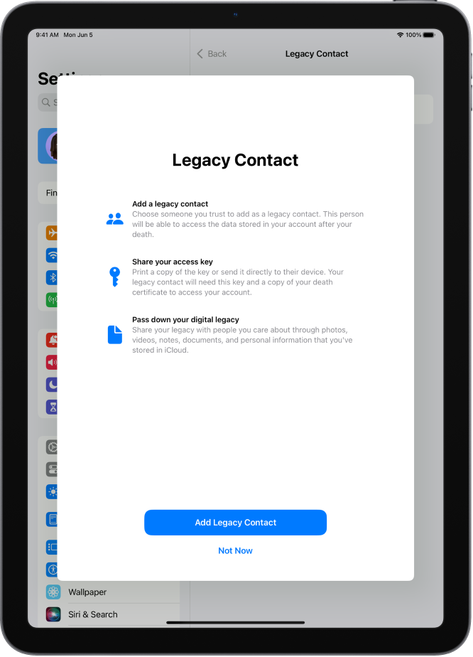 Ekranas „Legacy Contact“ su informacija apie funkciją. Mygtukas „Add Legacy Contact“ pateiktas apačioje.