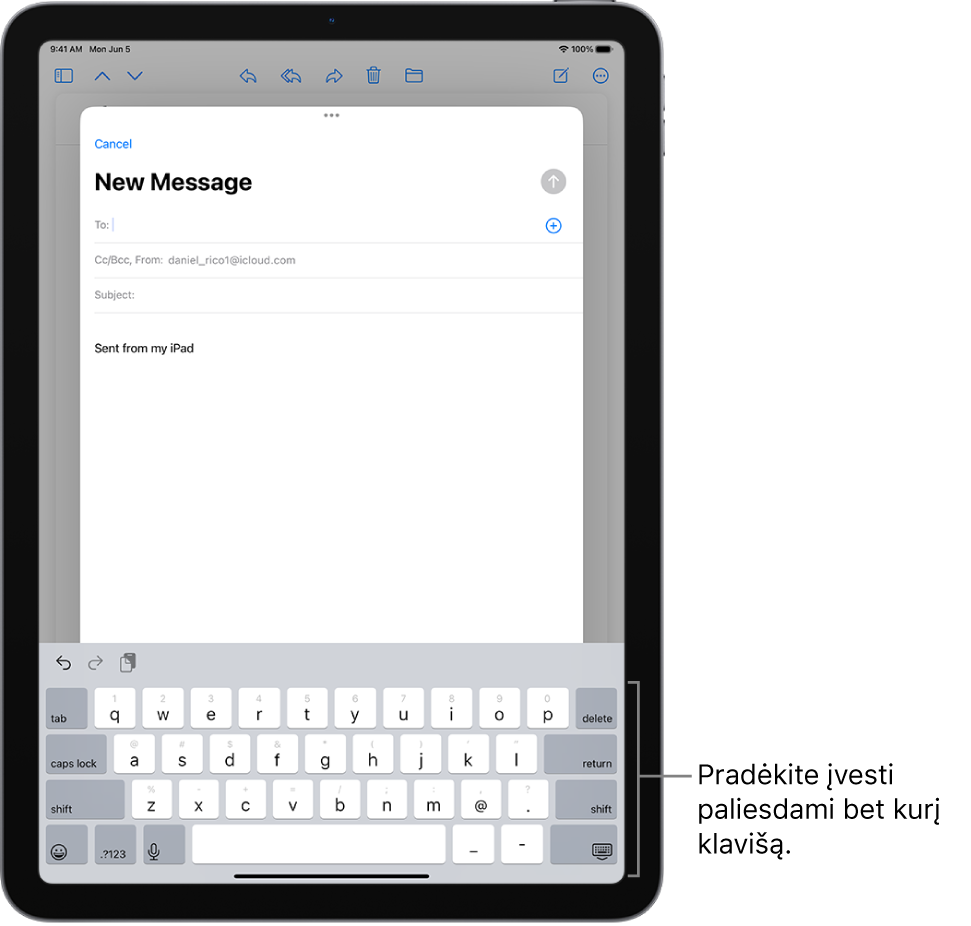 Tuščias el. laiškas atidarytas programoje „Mail“. Ekraninė klaviatūra yra apatinėje ekrano dalyje.