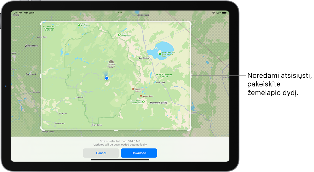 „iPad“ su nacionalinio parko žemėlapiu. Parkas įrėmintas stačiakampiu su rankenėlėmis, kurias pajudinus galima keisti atsisiunčiamo žemėlapio dydį. Pasirinkto žemėlapio atsisiuntimo dydis rodomas šalia žemėlapio apačios. Mygtukai „Cancel“ ir „Download“ yra ekrano apačioje.