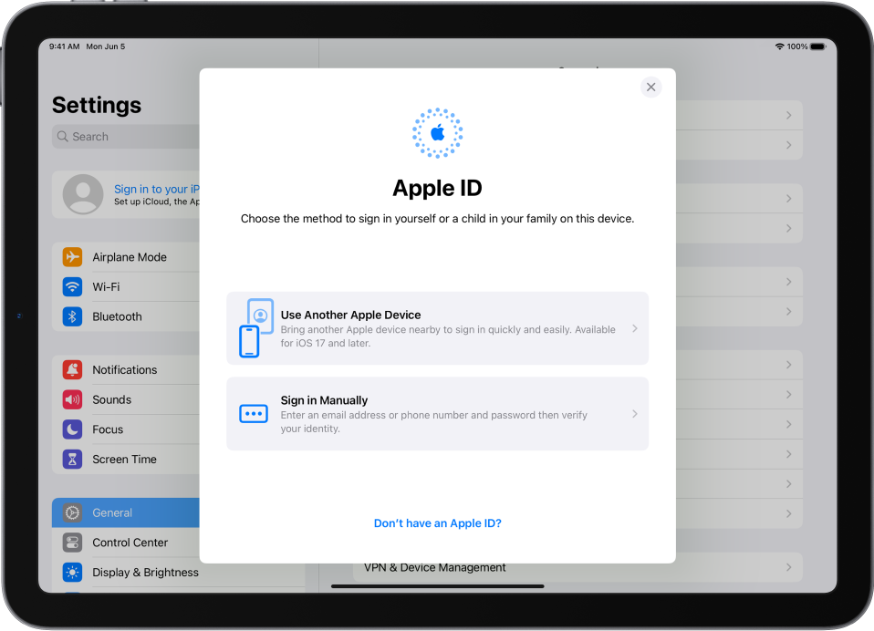 Ekranas „Settings“ su „Apple ID“ prisijungimo dialogo langu ekrano viduryje.