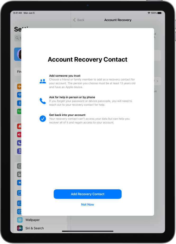 Ekranas „Account Recovery Contact“ su informacija apie funkciją. Mygtukas „Add Recovery Contact“ pateiktas apačioje