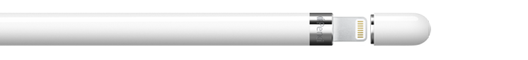 „Apple Pencil“ (1 kartos) su nuimtu dangteliu; vienas galas įkištas į „Lightning“ jungtį įrenginyje „iPad“.