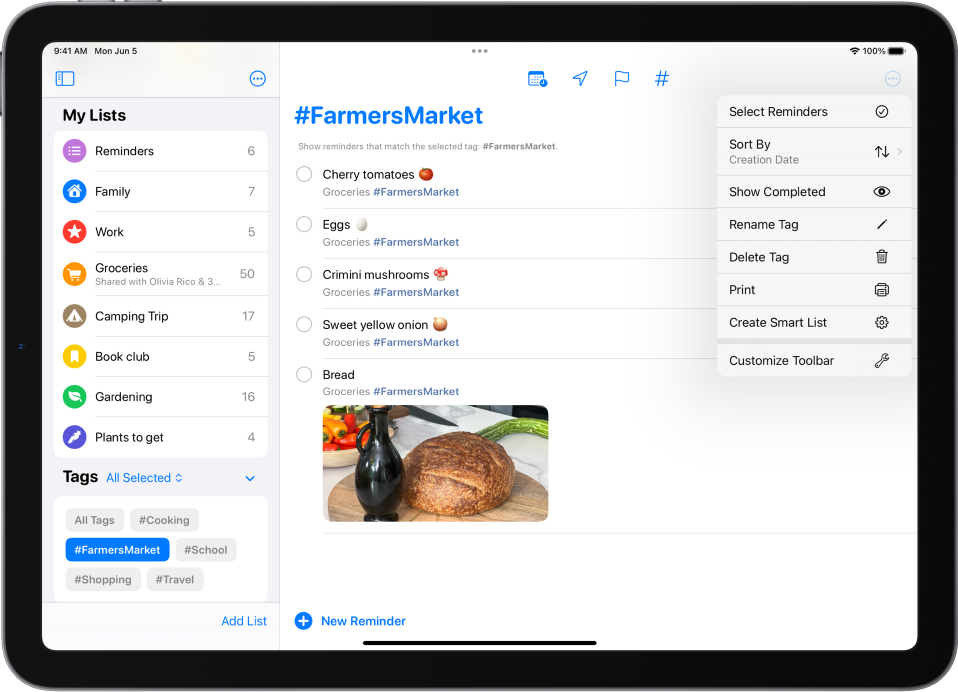 „Reminders“ ekrano apačioje kairėje rodoma naršyklė „Tag Browser“, pasirinkta žyma „FarmersMarket“. Dešinėje yra prekių su žyma „FarmersMarket“ sąrašas.