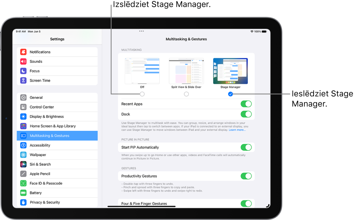 iPad ierīces ekrāns, kurā redzami vadības elementi Stage Manager ieslēgšanai vai izslēgšanai, nesen izmantoto lietotņu saraksta paslēpšanai vai parādīšanai, kad Stage Manager ir ieslēgts, kā arī joslas Dock paslēpšanai vai parādīšanai, kad Stage Manager ir ieslēgts.