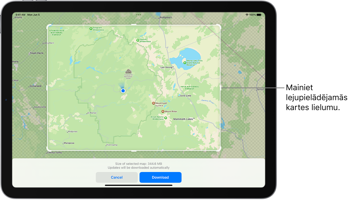 iPad ierīce ar dabas parka karti. Parkam apkārt ir kvadrāts ar turiem, kurus var pārvietot, lai mainītu lejupielādējamās kartes lielumu. Atlasītās kartes lejupielādes lielums ir norādīts netālu no kartes apakšas. Ekrāna apakšdaļā ir pogas Cancel un Download.
