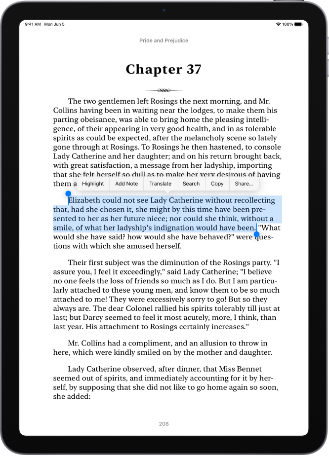 Grāmatas lappuses lietotnē Books, daļa lappuses teksta ir iezīmēta. Virs atlasītā teksta ir pogas Highlight, Add Note, Translate, Search, Copy un Share.