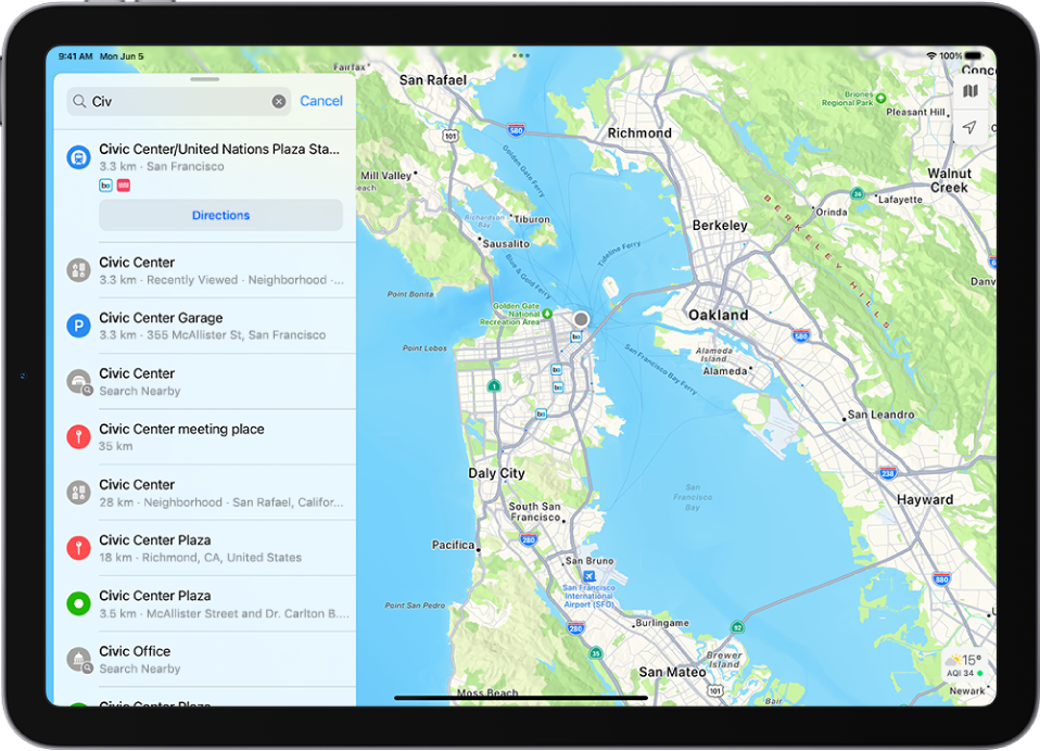 iPad ierīce ar meklēšanas kartīti, kurā redzami rezultāti, kas atbilst nepilnīgam vārdam “Civ”.