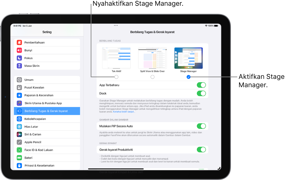 Skrin iPad menunjukkan kawalan untuk mengaktifkan atau menyahaktifkan Stage Manager, menyembunyikan atau menunjukkan senarai app terbaru apabila Stage Manager aktif dan menyembunyikan atau menunjukkan Dock apabila Stage Manager aktif.
