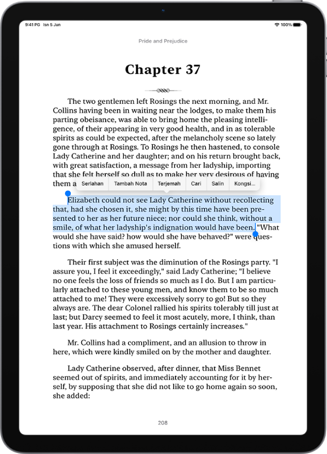 Halaman buku dalam app Buku, dengan sebahagian daripada teks halaman dipilih. Butang Serlahan, Tambah Nota, Terjemah, Cari, Salin dan Kongsi berada di atas teks yang dipilih.