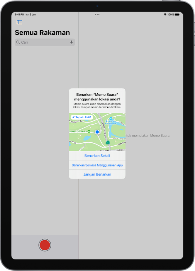 Permintaan daripada app untuk menggunakan data lokasi pada iPad. Pilihan ialah Benarkan Sekali, Benarkan Semasa Menggunakan App dan Jangan Benarkan.