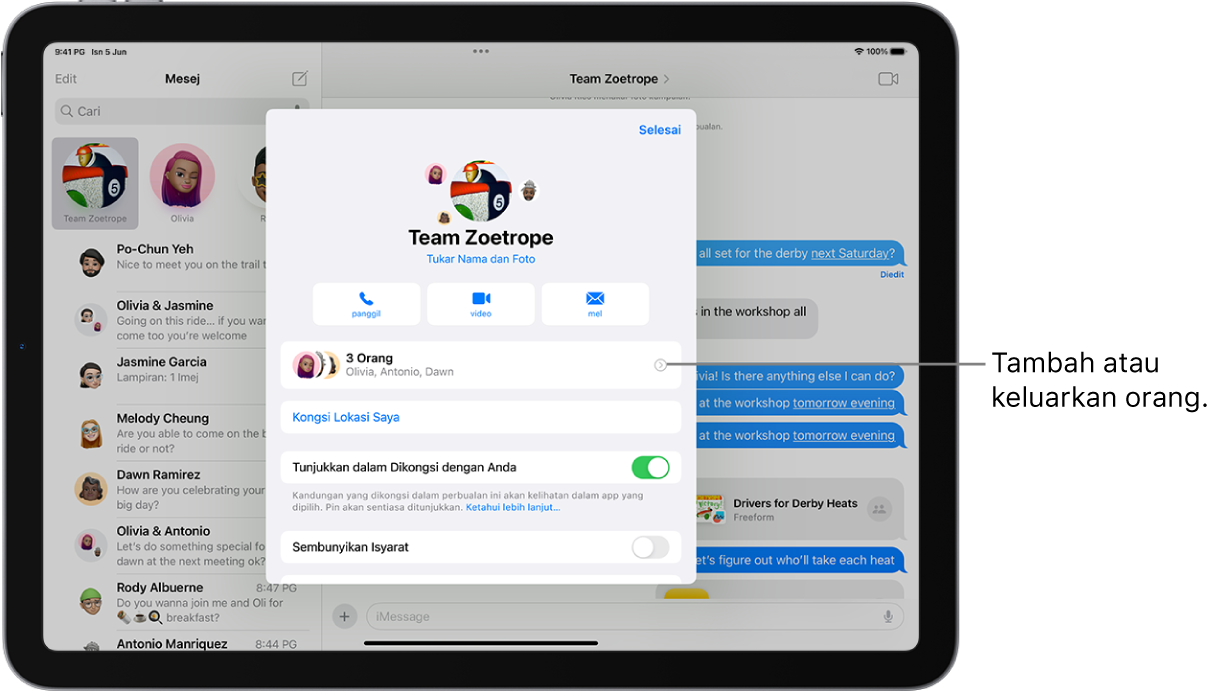 iPad dengan butiran perbualan untuk kumpulan.