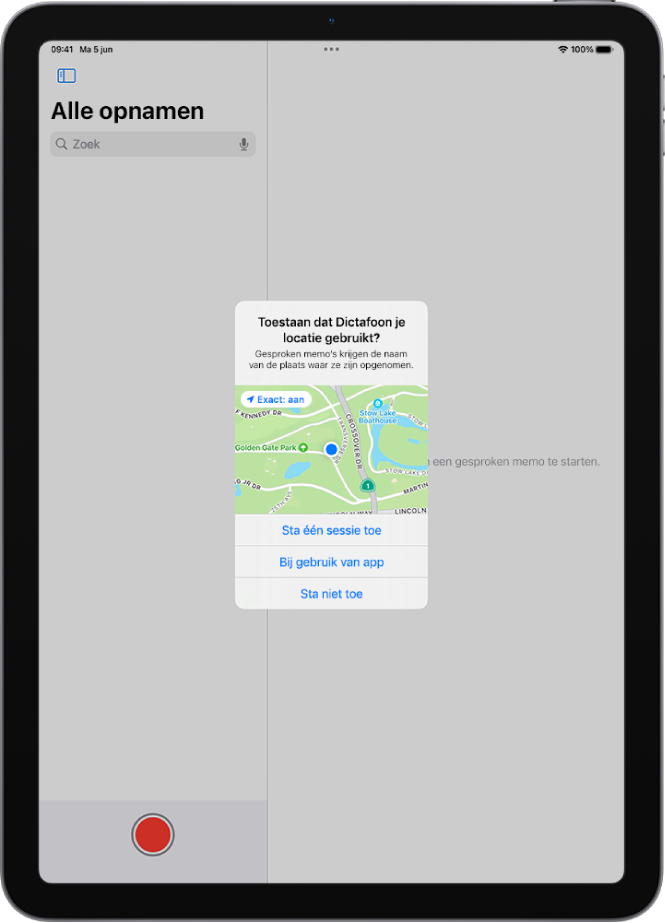 Een verzoek van een app om locatiegegevens op de iPad te mogen gebruiken. De opties zijn 'Sta één sessie toe', 'Bij gebruik van app' en 'Sta niet toe'.