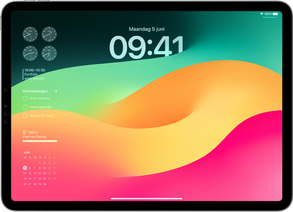 Het iPad-toegangsscherm waarin aan de linkerkant de tijd, datum en widgets worden weergegeven.