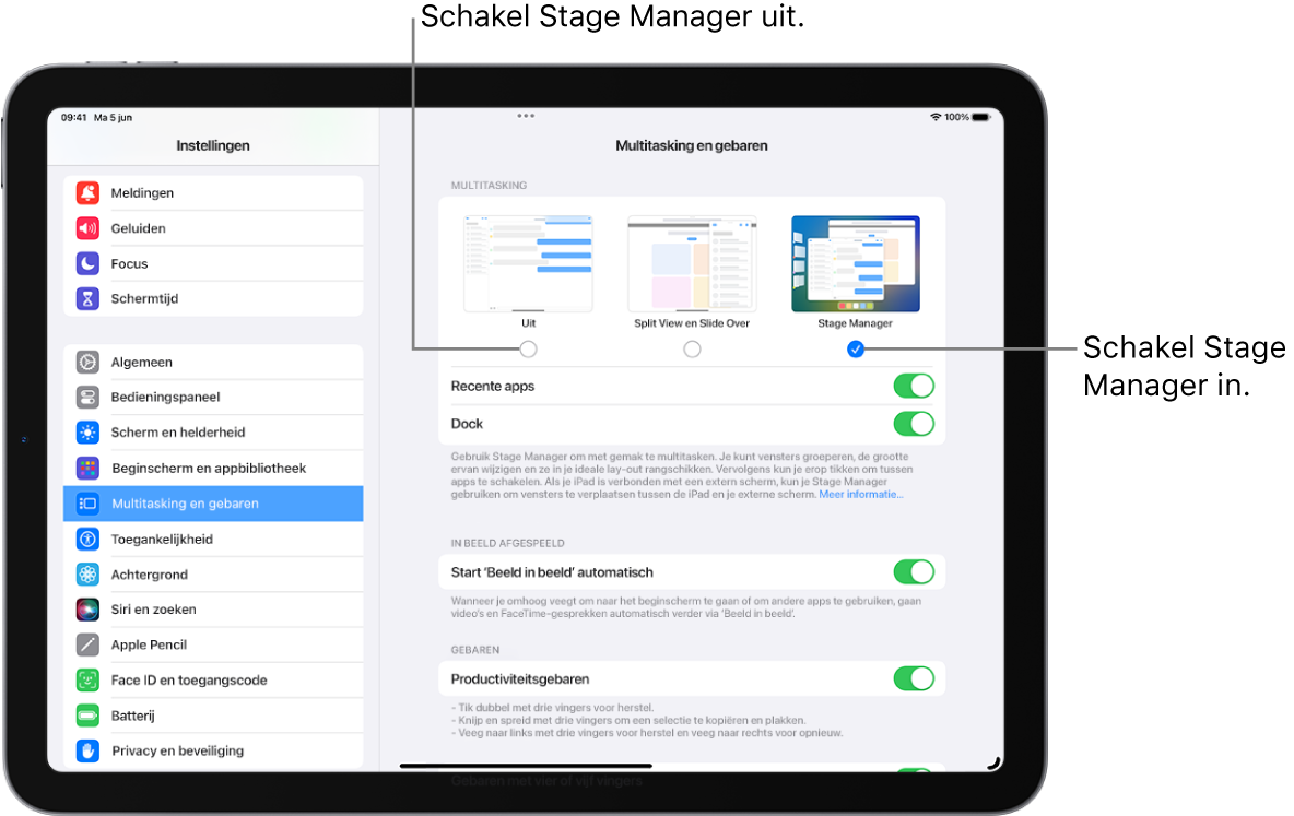 Een iPad-scherm met de instellingen waarmee je Stage Manager in- of uitschakelt, de lijst met recente apps verbergt of toont wanneer Stage Manager is ingeschakeld, en het Dock verbergt of toont wanneer Stage Manager is ingeschakeld.