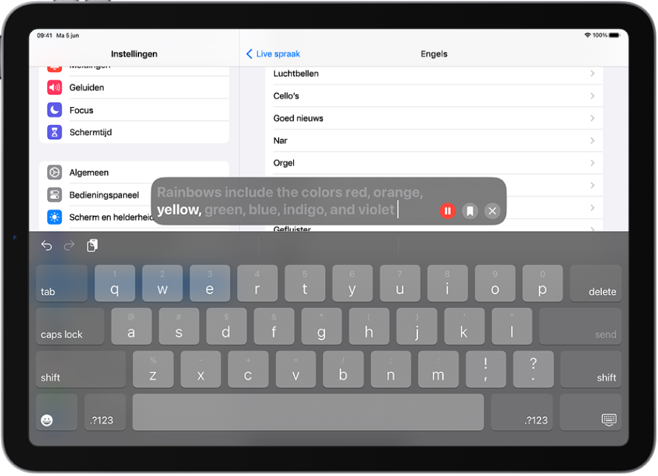 De functie 'Live spraak' op de iPad leest tekst voor die wordt ingevoerd.