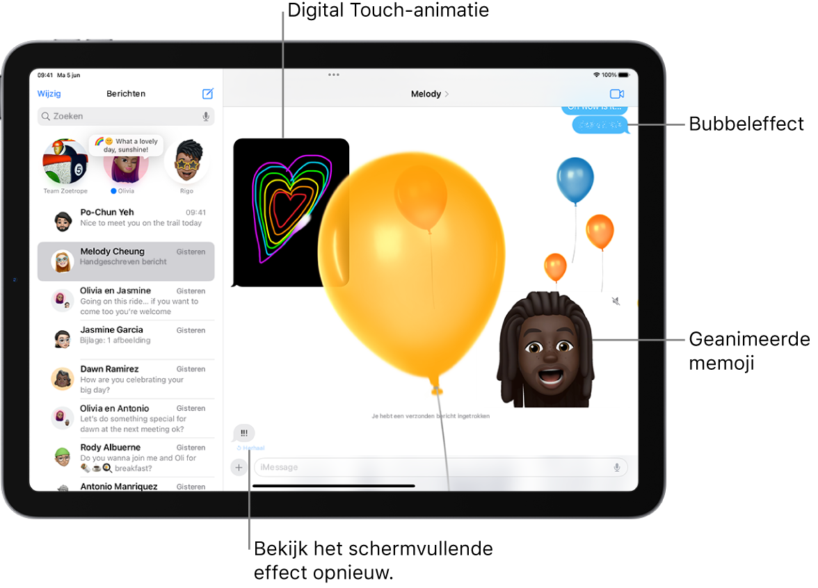 Een gesprek in Berichten met een balloneffect, een schermvullend effect en animaties: Digital Touch en een handgeschreven bericht.