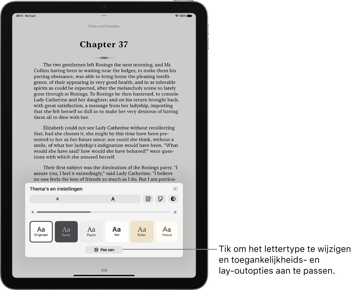 Een pagina van een boek in de Boeken-app. De opties van 'Thema's en instellingen', met regelaars voor de lettergrootte, de schuifweergave, de stijl voor het omslaan van pagina's, de helderheid en lettertypestijlen.