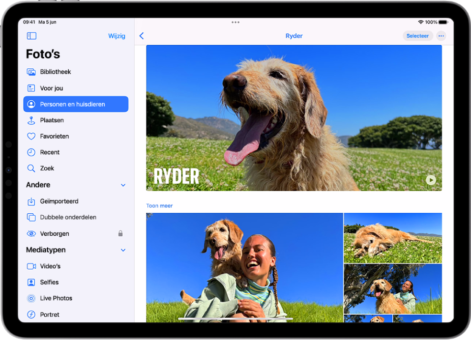 Het scherm 'Personen en huisdieren' in de Foto's-app met een video en foto's van een huisdier.