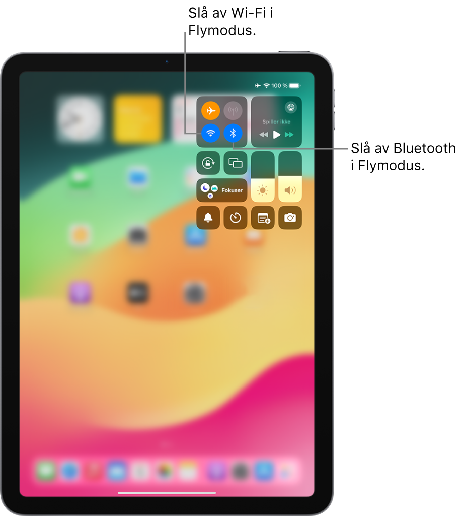Kontrollsenter på iPad, som viser at flymodus er slått på. Knappene for å slå av Wi‑Fi og Bluetooth vises nær toppen av skjermen til venstre i Kontrollsenter. Trykk på Bluetooth-symbolet for å slå av Bluetooth i Flymodus. Trykk på Wi-Fi-symbolet for å slå av Wi-Fi i Flymodus.