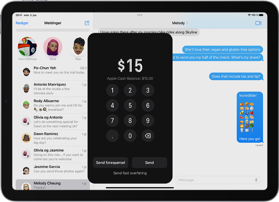 En iMessage-samtale med Apple Pay åpen nederst.