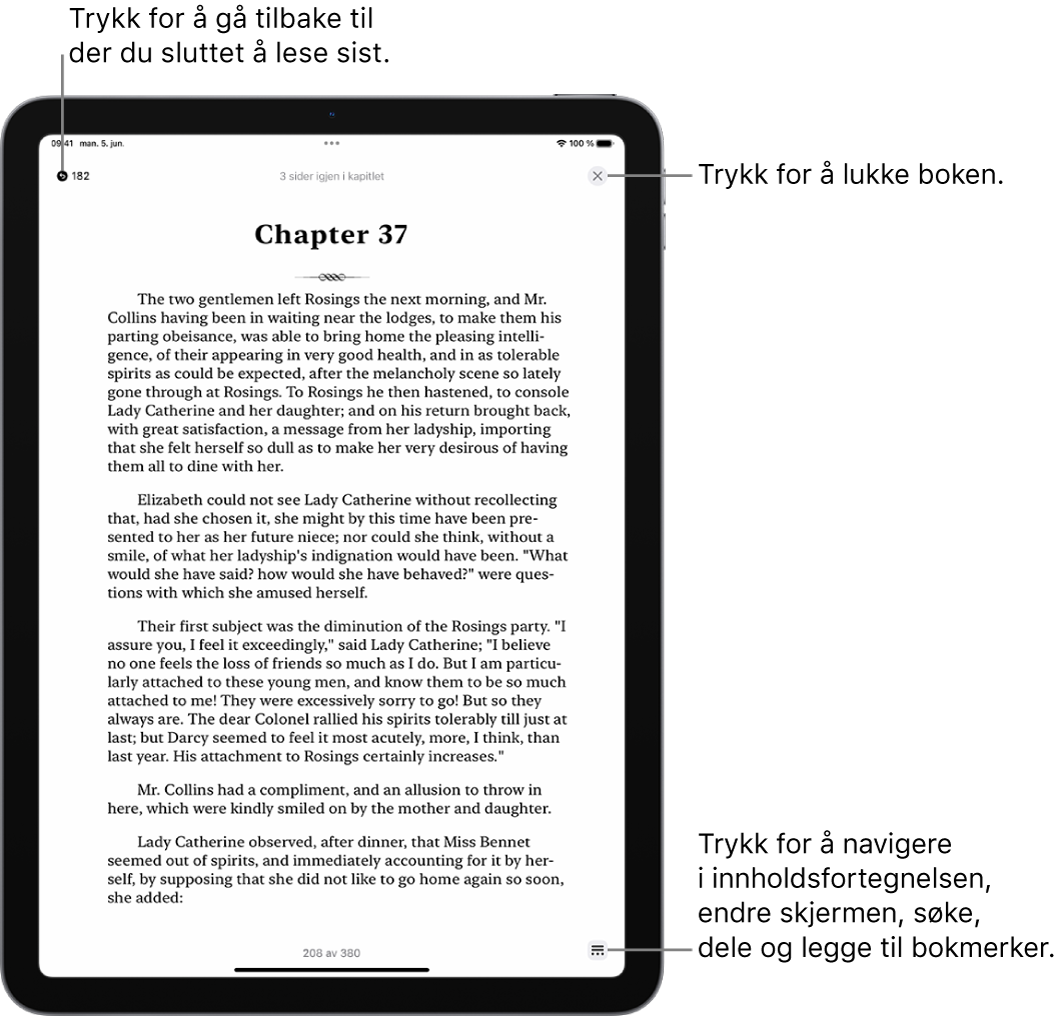 En bokside i Bøker-appen Øverst på skjermen vises knappene for å gå tilbake til siden du begynte å lese på og for å lukke boken. Meny-knappen vises nederst til høyre på skjermen.
