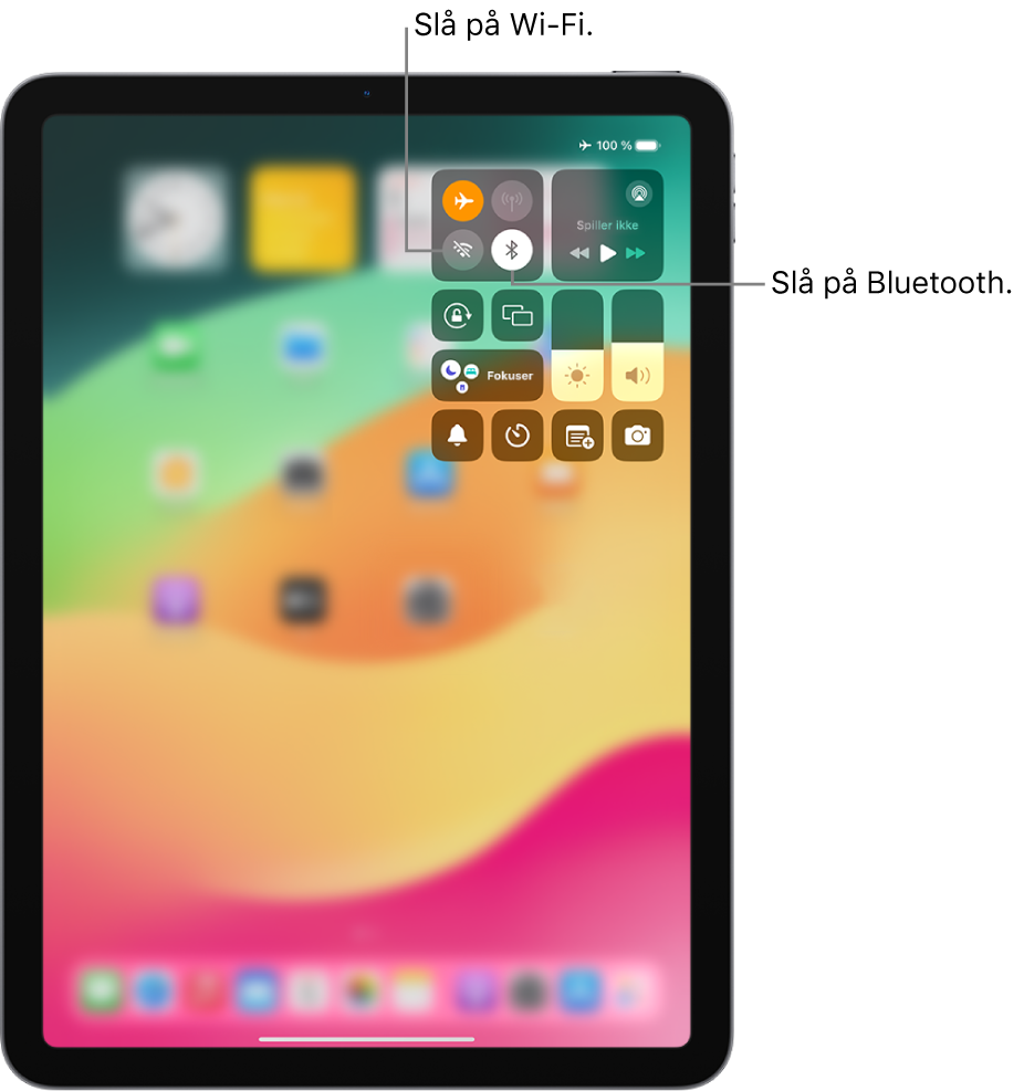 Kontrollsenter på iPad, som viser at flymodus er slått på. Knappene for å slå på Wi‑Fi og Bluetooth vises nær toppen av skjermen til venstre i Kontrollsenter.