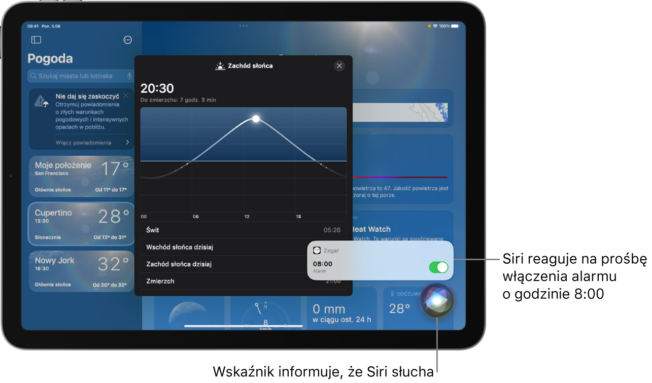Siri na ekranie aplikacji Pogoda. W prawym dolnym rogu powiadomienie z aplikacji Zegar pokazuje, że alarm jest ustawiony na godzinę 8:00. Ikona poniżej wskazuje, że Siri aktywnie słucha.