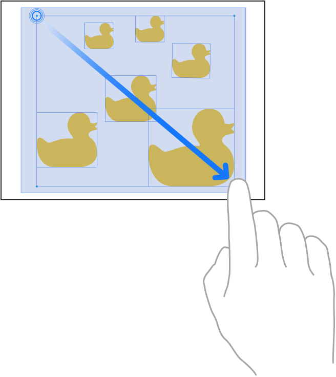 Palec zaznaczający rzeczy gestem przeciągania w aplikacji Friform.